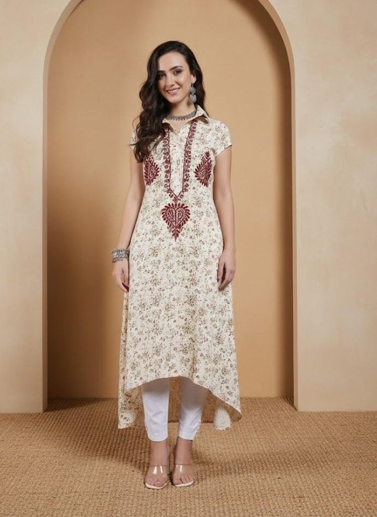 Women Cream Printed Hand Chikankari A Line Kurta Set