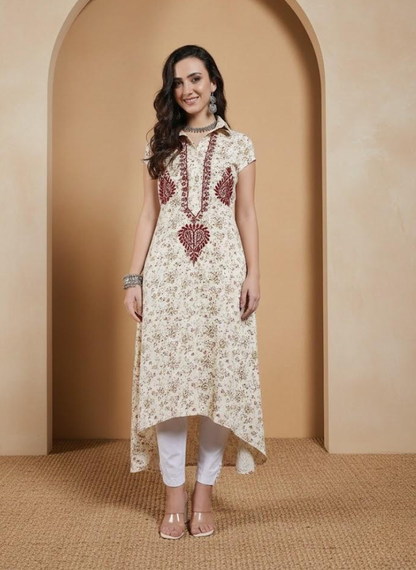 Women Cream Printed Hand Chikankari A Line Kurta Set