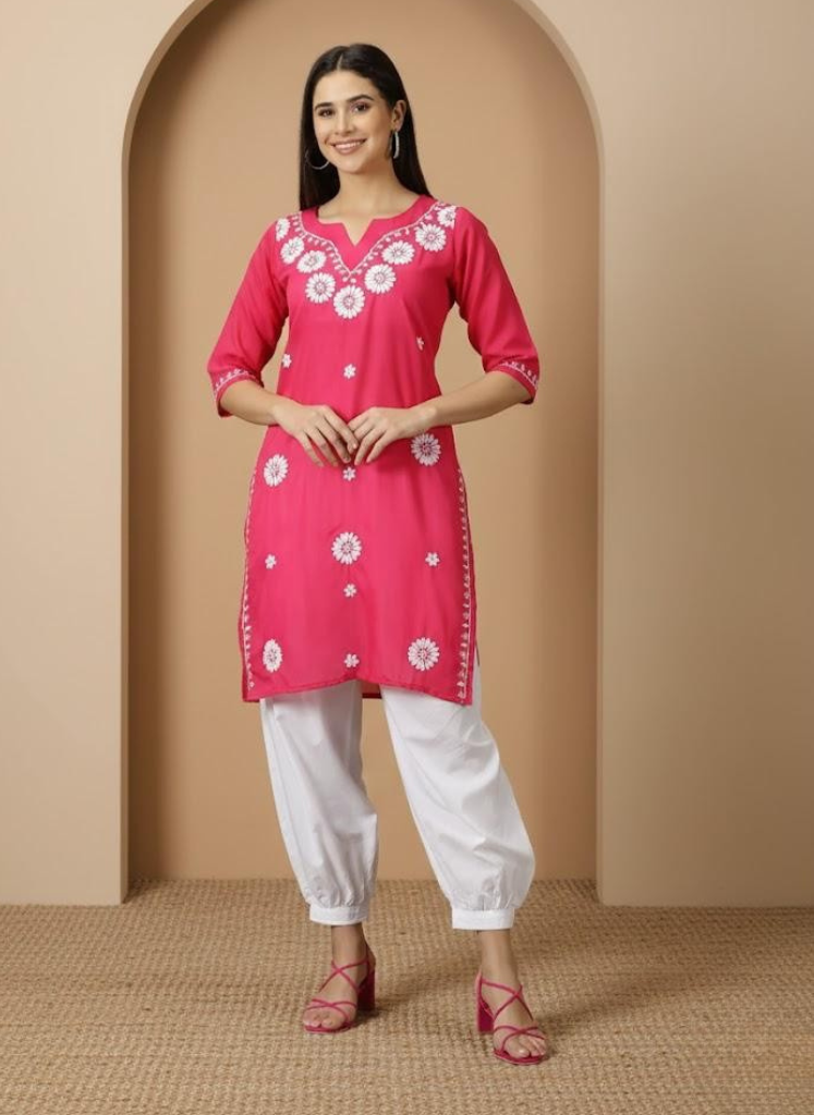Pink Lucknowi Chikankari Kurta With Cuff Pant