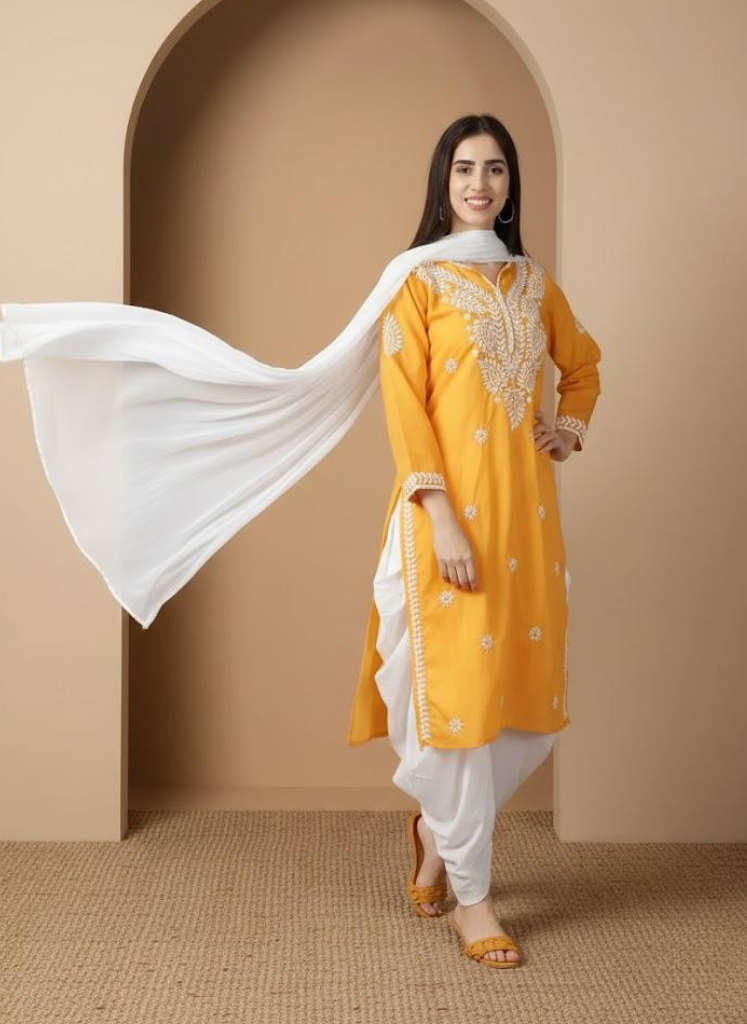 Yellow Chikankari Cotton Kurta With Dhoti & Dupatta