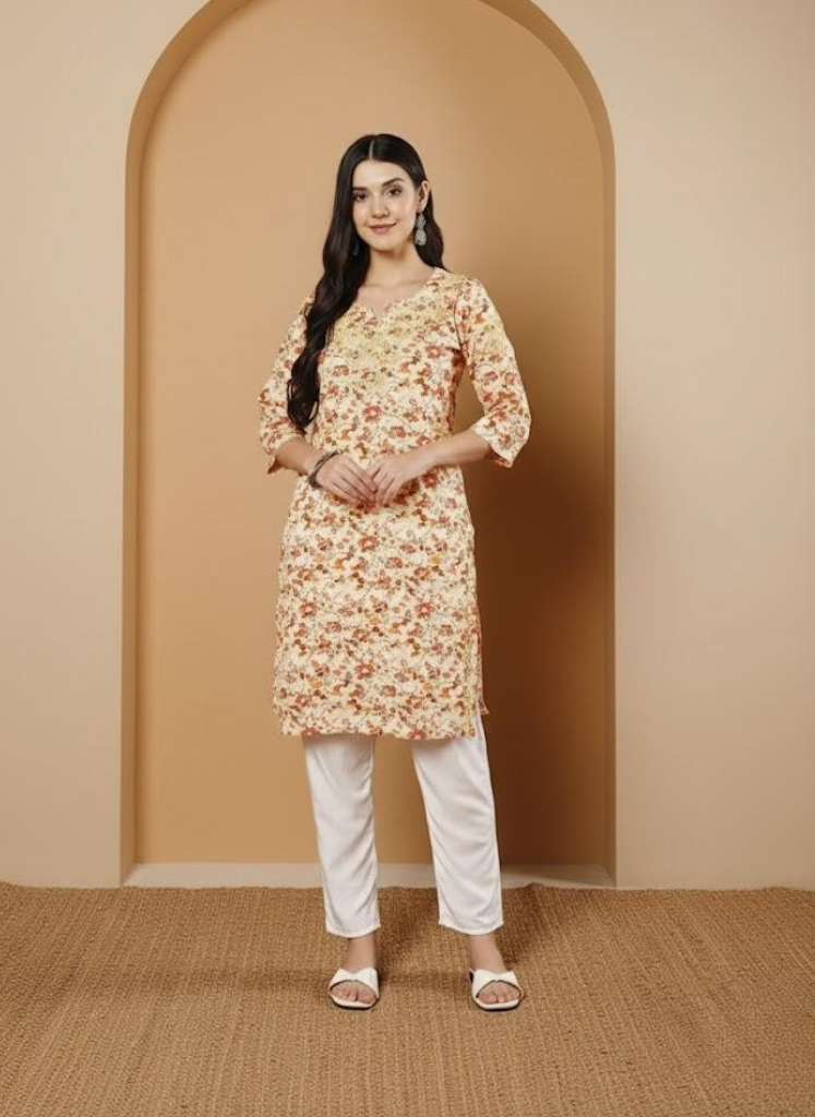 Women Multi Printed Cotton Chikankari Straight Kurti Set