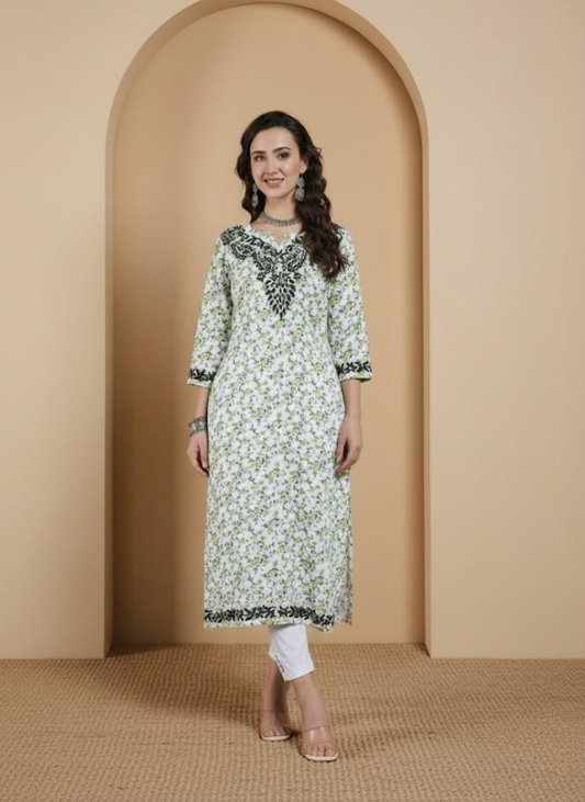 Women’s White & Green Floral Chikankari Long Kurta Set