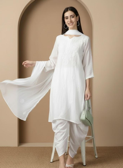 White Chikankari Cotton Kurta With Dhoti & Dupatta