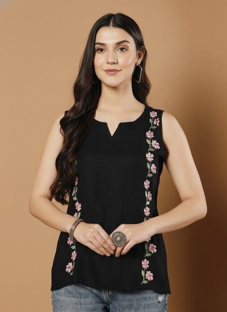 Women Black Rayon Hand Chikankari Top