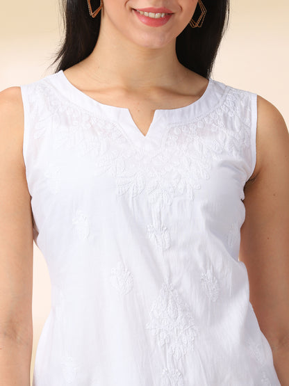 Handmade White Chikankari Embroidered Sleeveless Top