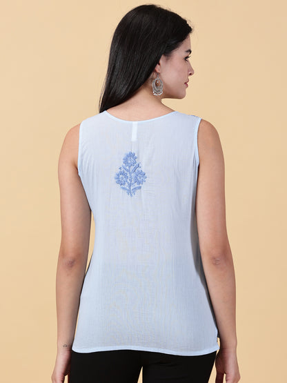 Handmade Blue Chikankari Sleeveless Top