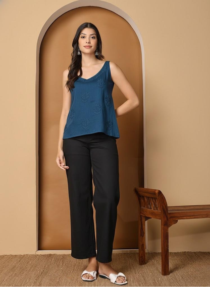 Aegean Blue Cotton Satin Sleeveless Chikankari Top