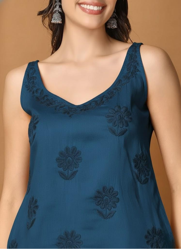Aegean Blue Cotton Satin Sleeveless Chikankari Top