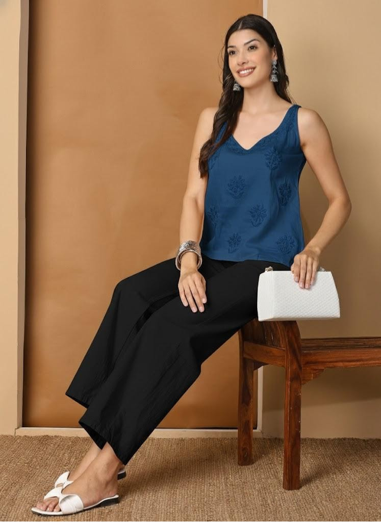 Aegean Blue Cotton Satin Sleeveless Chikankari Top