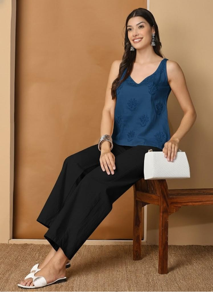 Aegean Blue Cotton Satin Sleeveless Chikankari Top
