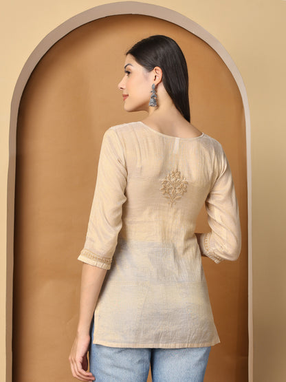 Beige Chanderi Tissue Short Kurta with Chikankari Work