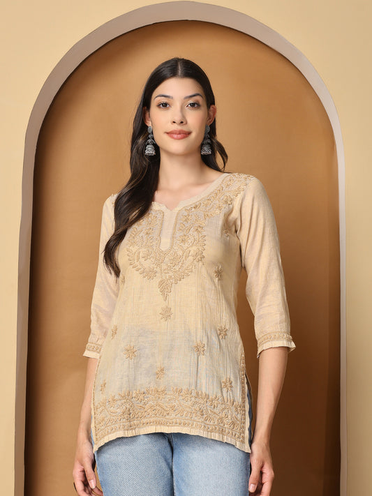 Beige Chanderi Tissue Short Kurta with Chikankari Work