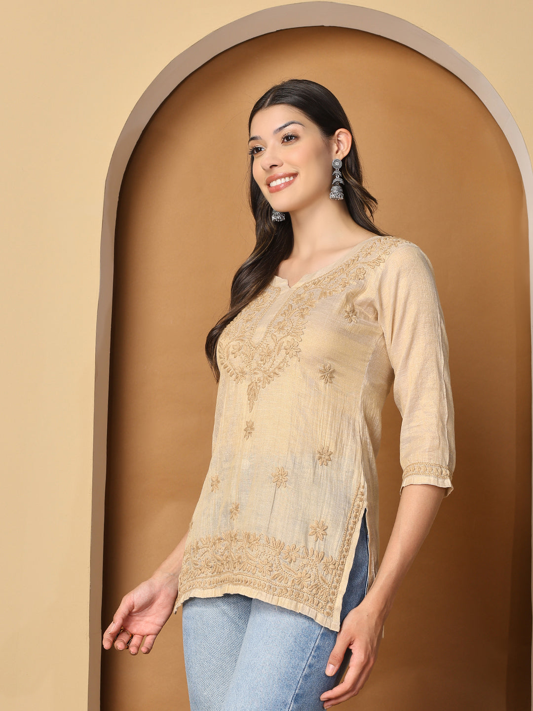 Beige Chanderi Tissue Short Kurta with Chikankari Work