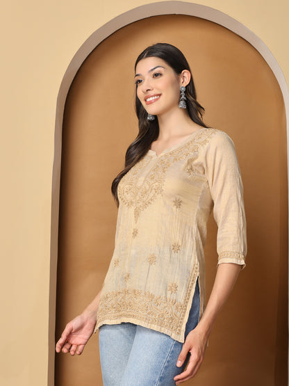 Beige Chanderi Tissue Short Kurta with Chikankari Work