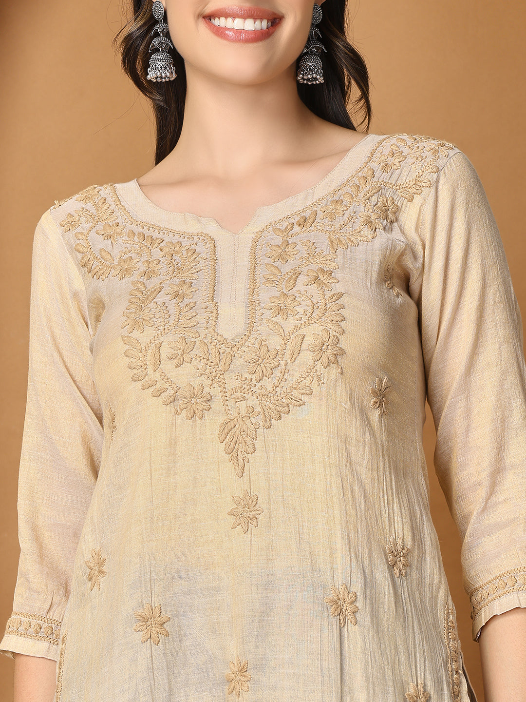 Beige Chanderi Tissue Short Kurta with Chikankari Work
