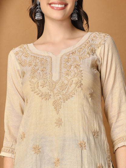 Beige Chanderi Tissue Short Kurta with Chikankari Work