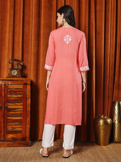 Women Gajari Rayon Hand Chikankari Straight Kurta