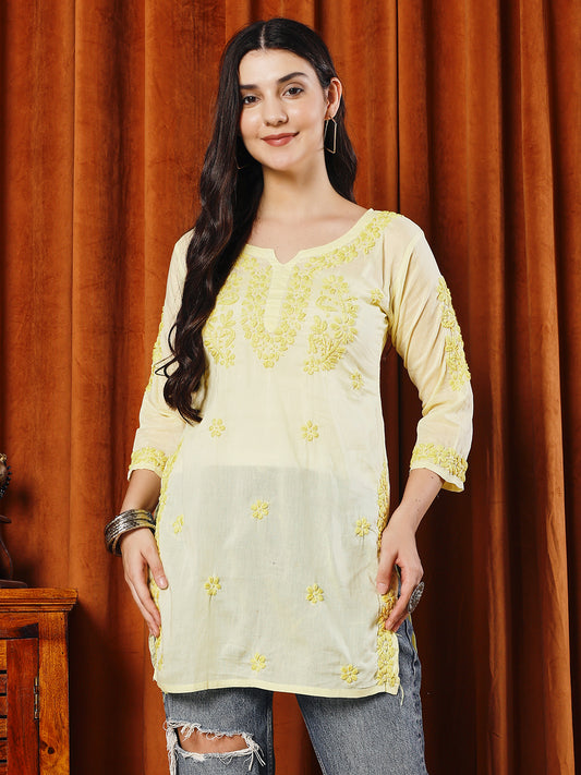 Women Yellow Lucknowi Chikankari Short Kurta Fabric - Cotton