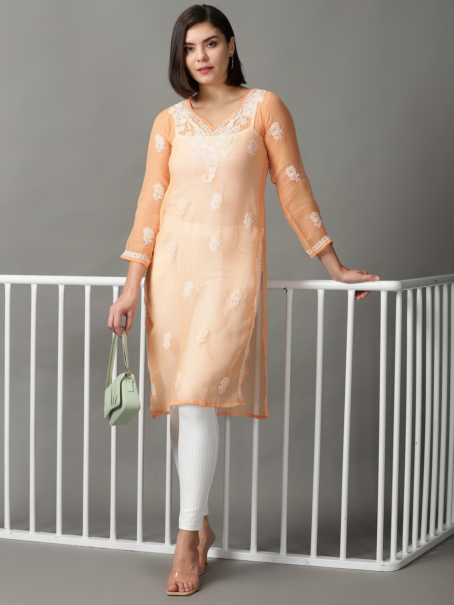 Chikankari Orange Straight Kurta