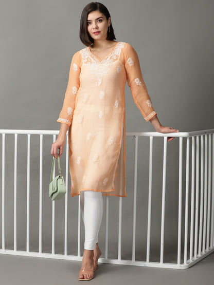 Chikankari Georgette Orange Straight Kurta