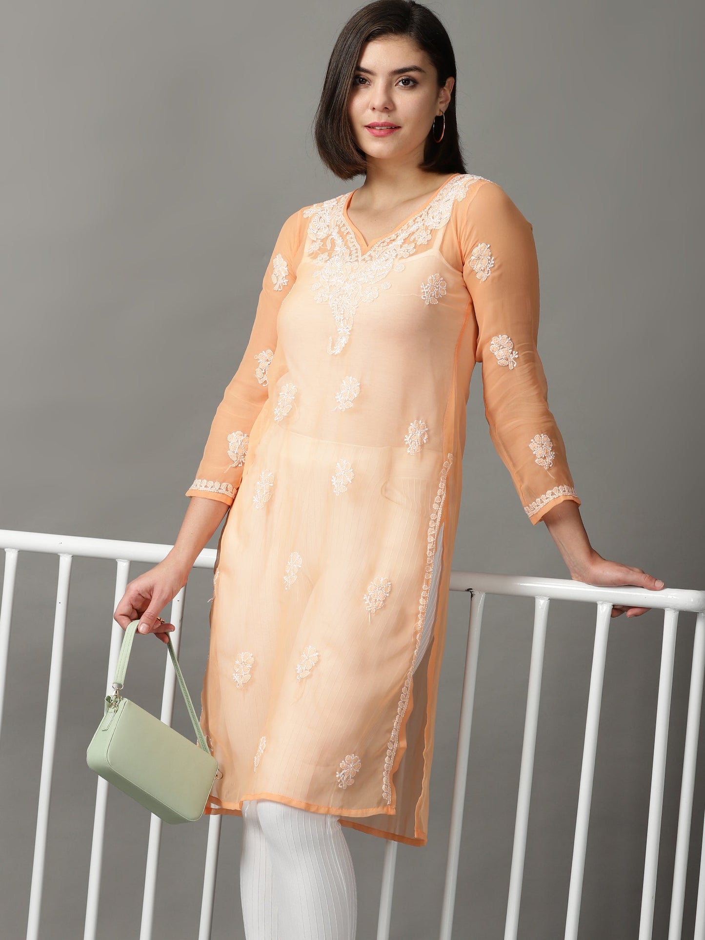 Chikankari Orange Straight Kurta