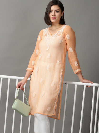 Chikankari Georgette Orange Straight Kurta