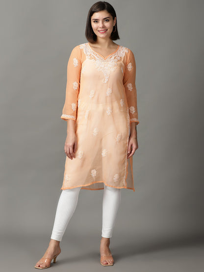 Chikankari Georgette Orange Straight Kurta