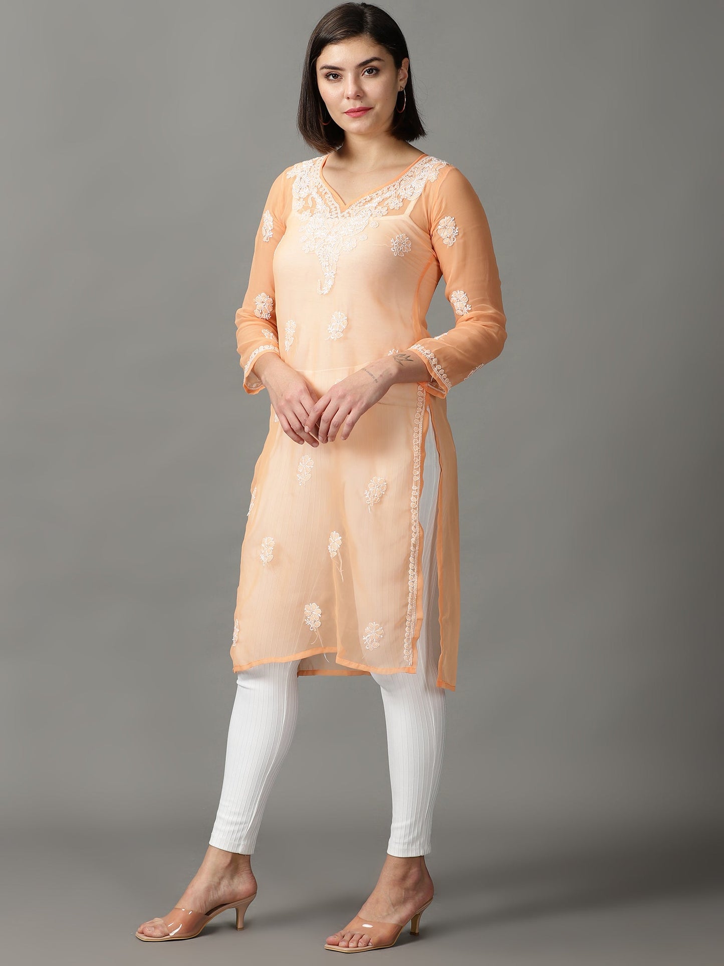 Chikankari Orange Straight Kurta