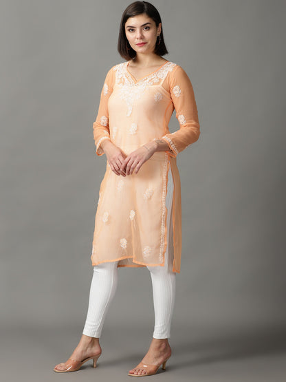 Chikankari Georgette Orange Straight Kurta