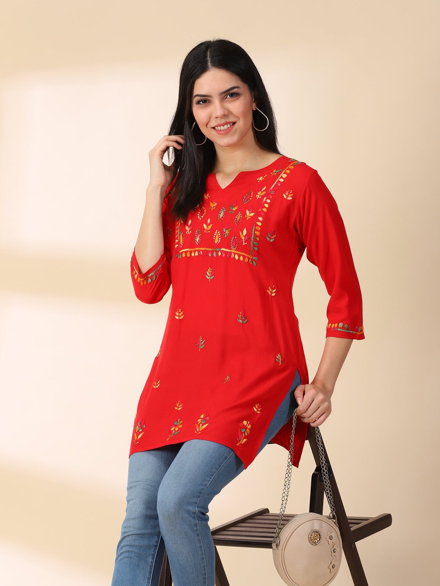 Chikankari Red Rayon Kurta