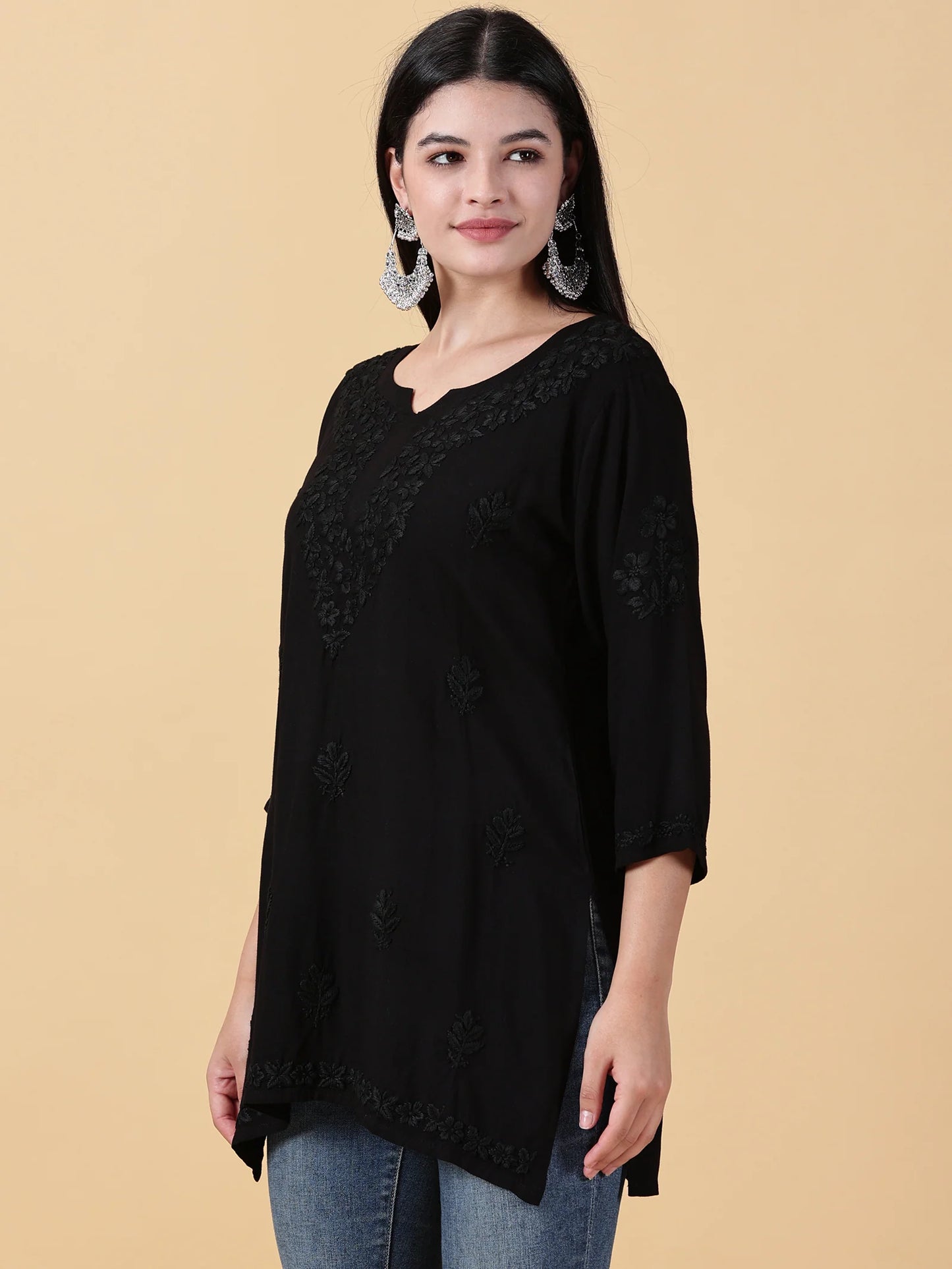 Women Black Lucknowi Chikankari Rayon Kurti