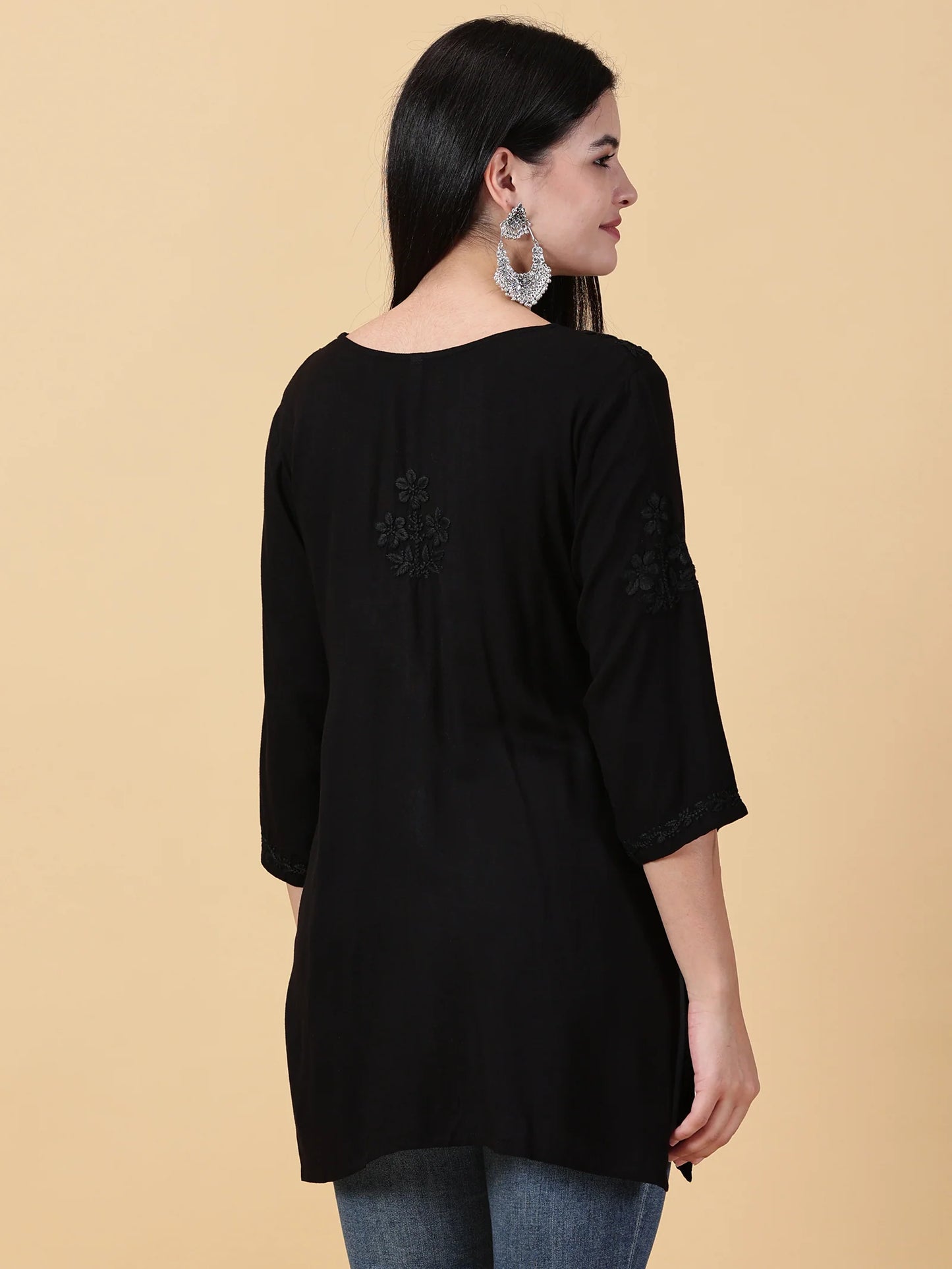 Women Black Lucknowi Chikankari Rayon Kurti