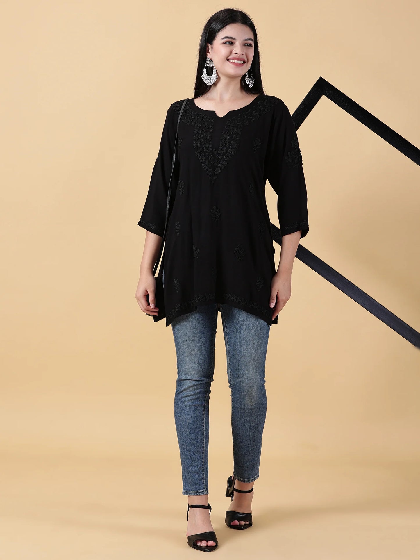 Women Black Lucknowi Chikankari Rayon Kurti