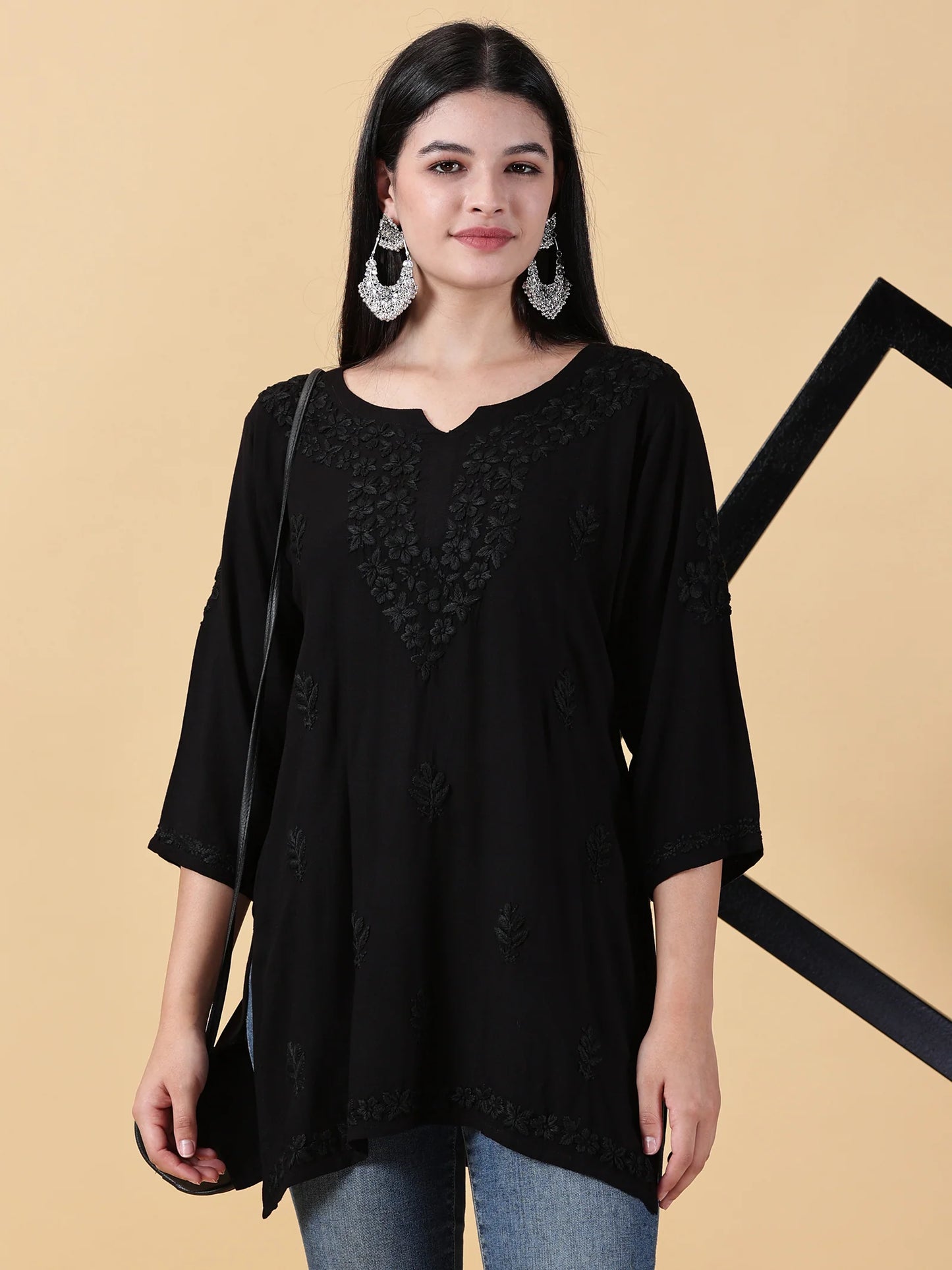 Women Black Lucknowi Chikankari Rayon Kurti