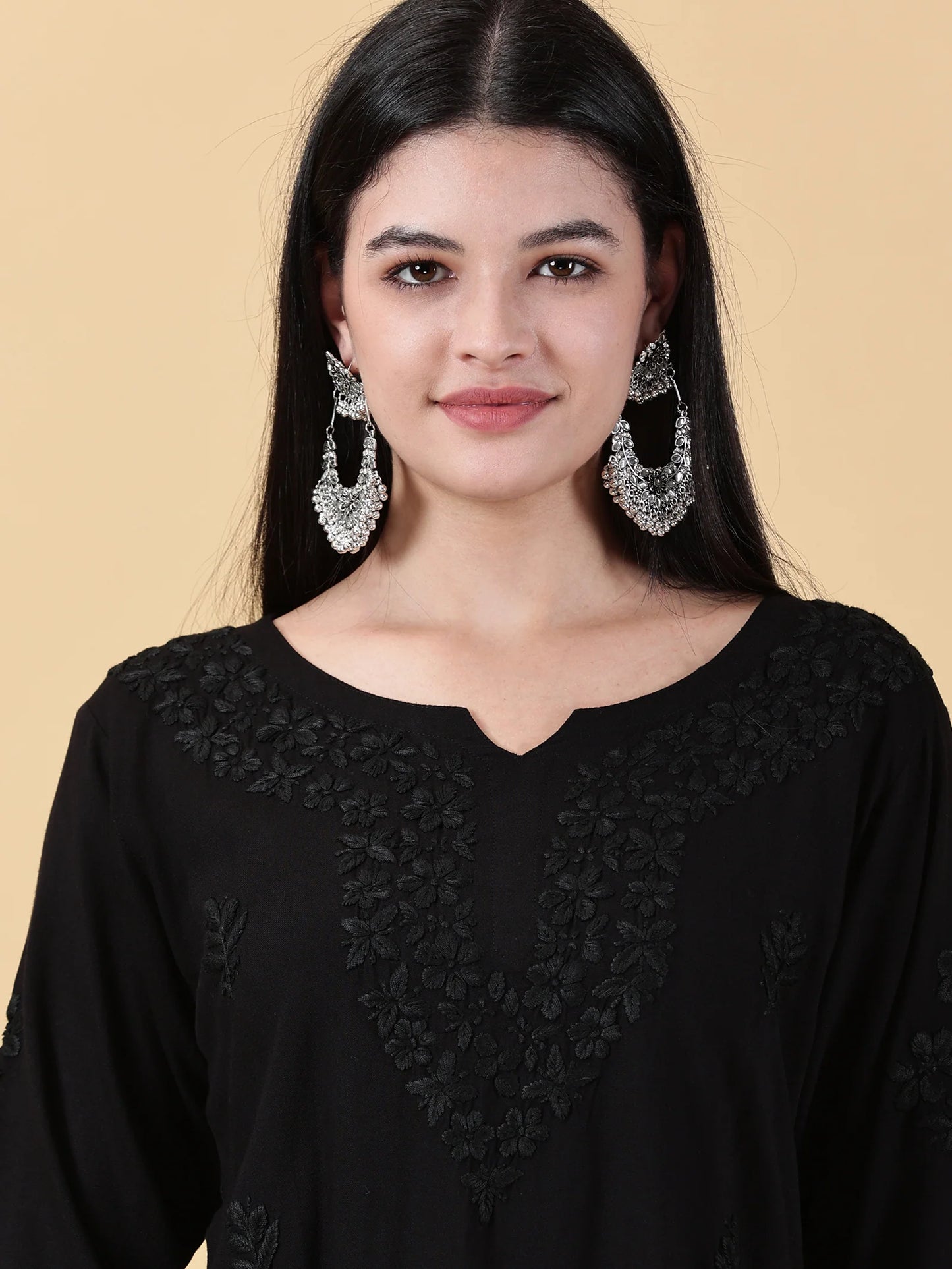 Women Black Lucknowi Chikankari Rayon Kurti