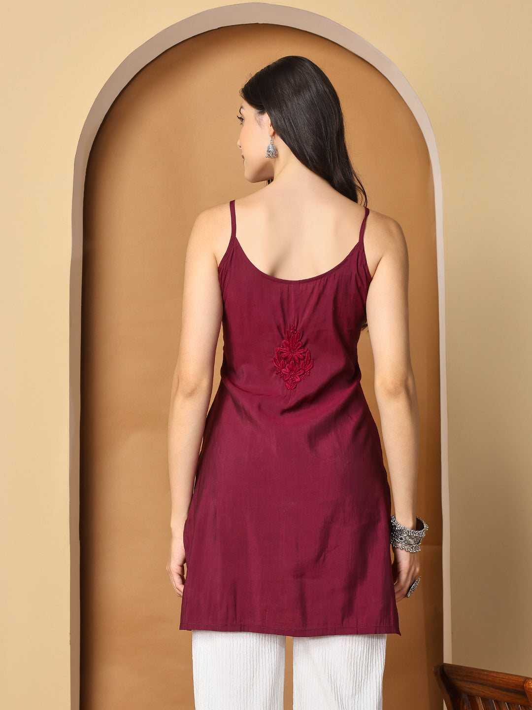 Maroon Sleeveless Chikankari Cotton Top with Spaghetti Straps
