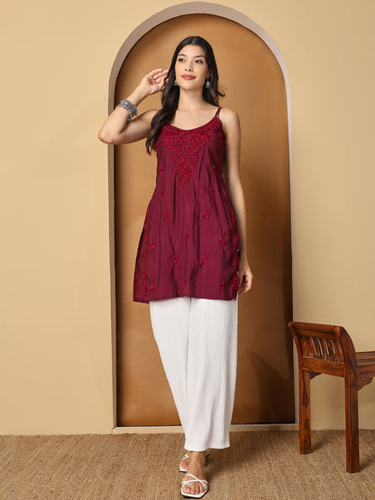 Maroon Sleeveless Chikankari Cotton Top with Spaghetti Straps
