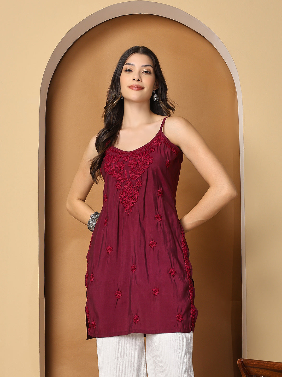 Maroon Sleeveless Chikankari Cotton Top with Spaghetti Straps