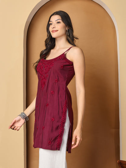 Maroon Sleeveless Chikankari Cotton Top with Spaghetti Straps