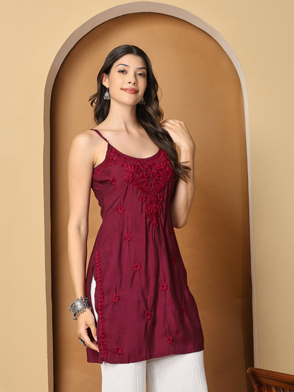 Maroon Sleeveless Chikankari Cotton Top with Spaghetti Straps