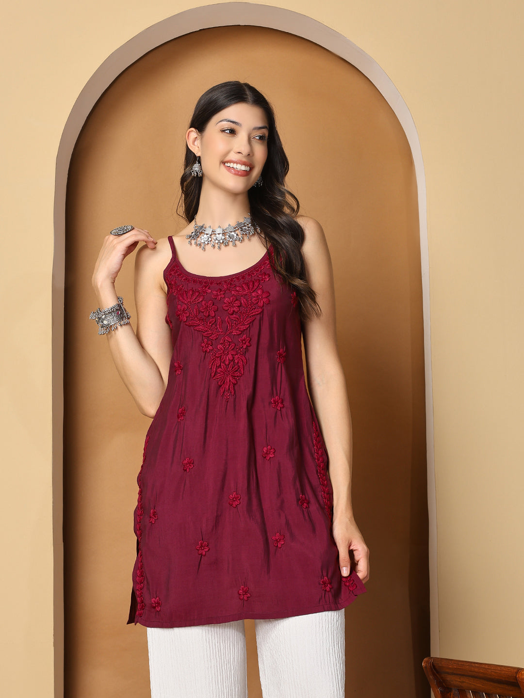 Maroon Sleeveless Chikankari Cotton Top with Spaghetti Straps