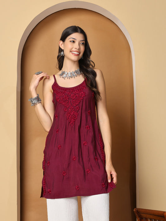 Maroon Sleeveless Chikankari Cotton Top with Spaghetti Straps