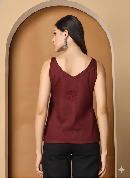Maroon Cotton Satin Sleeveless Chikankari Top