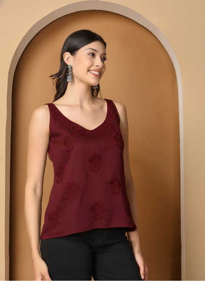 Maroon Cotton Satin Sleeveless Chikankari Top
