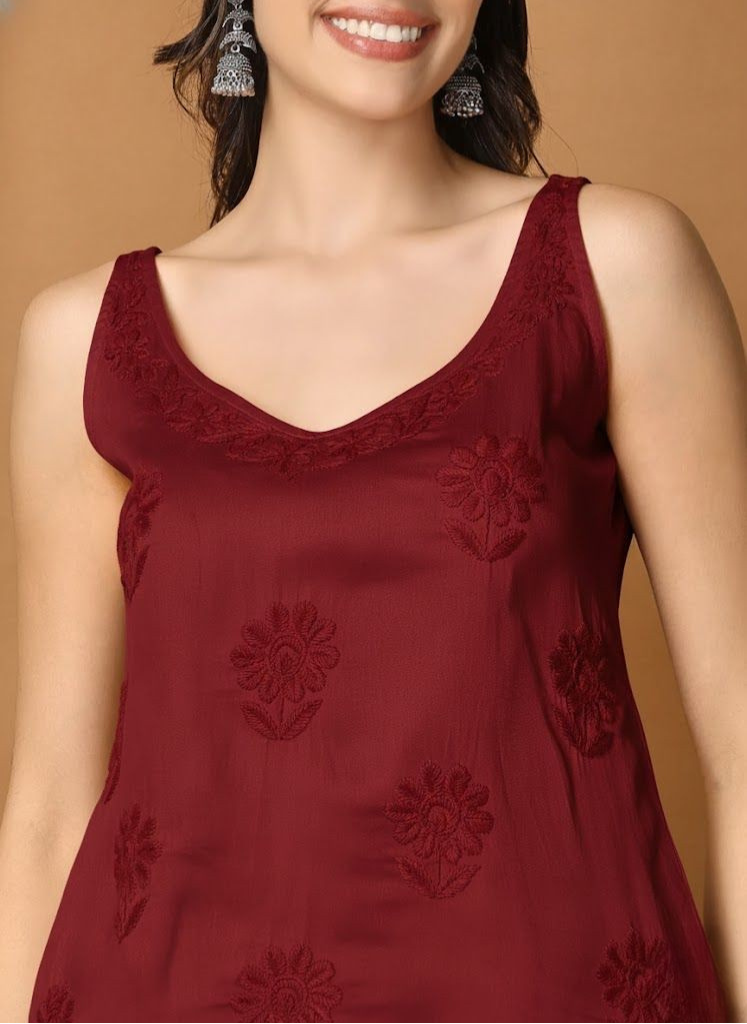 Maroon Cotton Satin Sleeveless Chikankari Top
