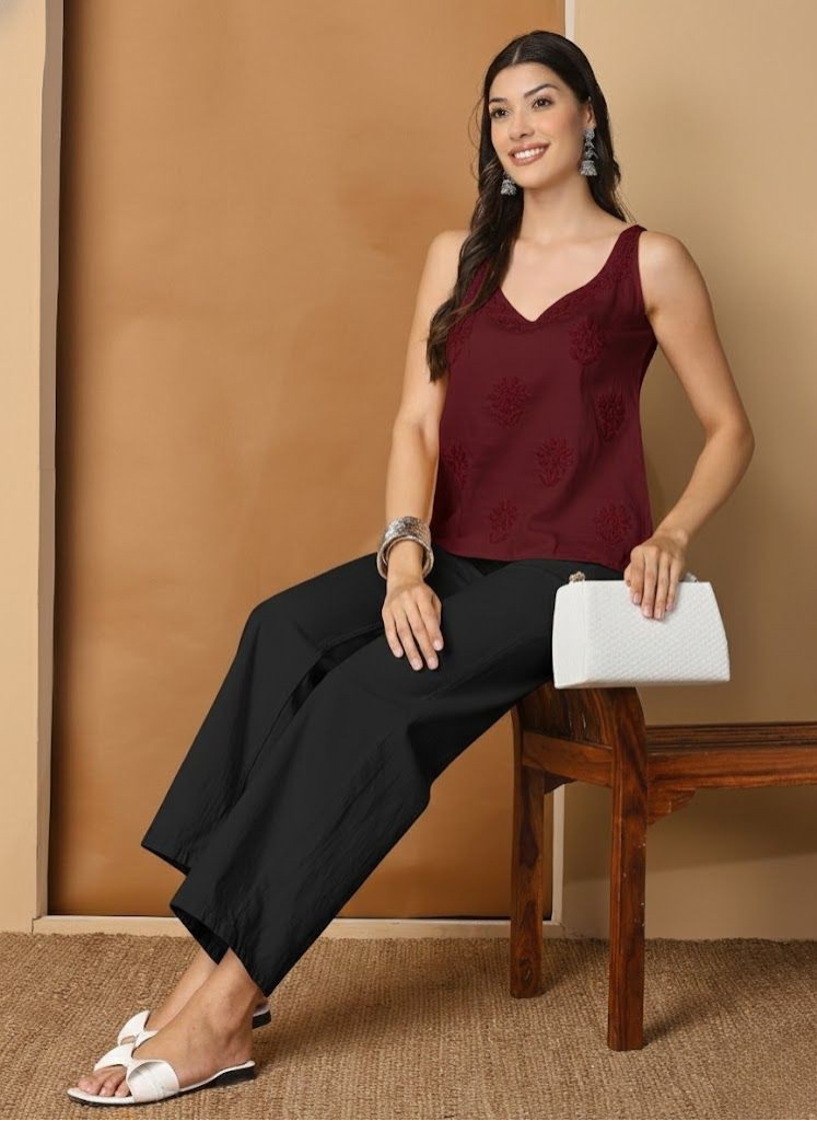 Maroon Cotton Satin Sleeveless Chikankari Top