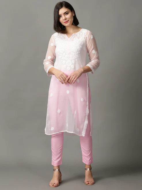 Pink Chikankari Georgette Straight Long Kurta
