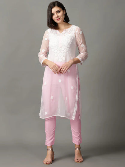 Pink Chikankari Georgette Straight Long Kurta
