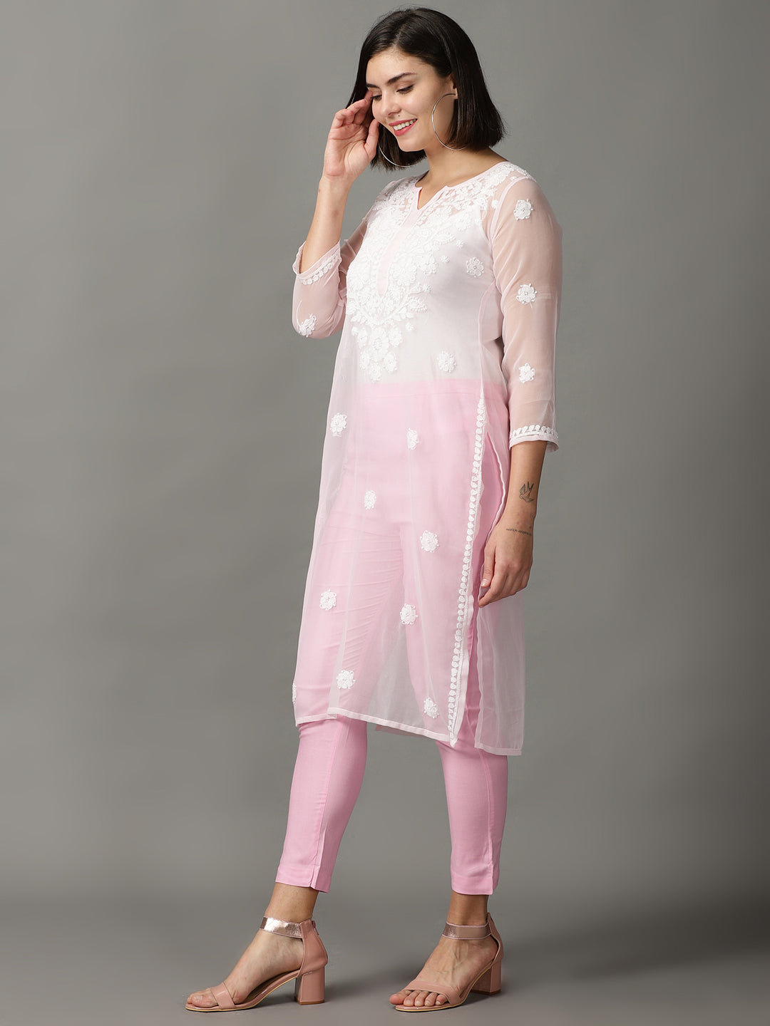 Pink Chikankari Georgette Straight Kurta With Trouser