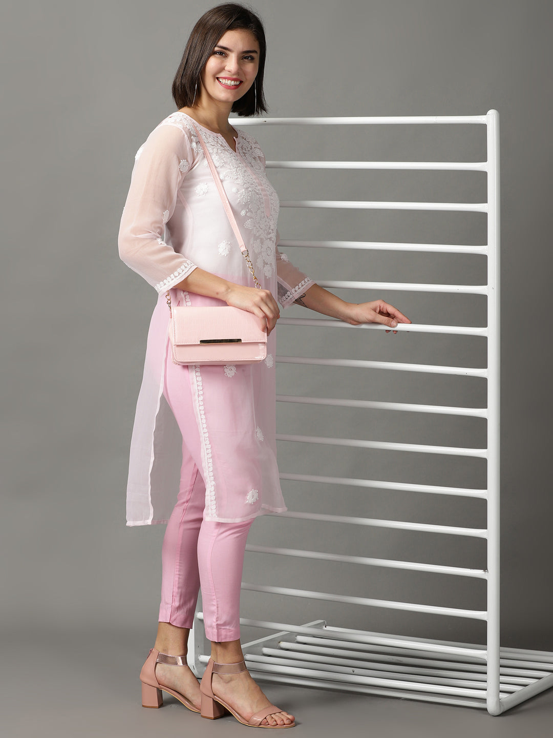 Pink Chikankari Georgette Straight Kurta With Trouser